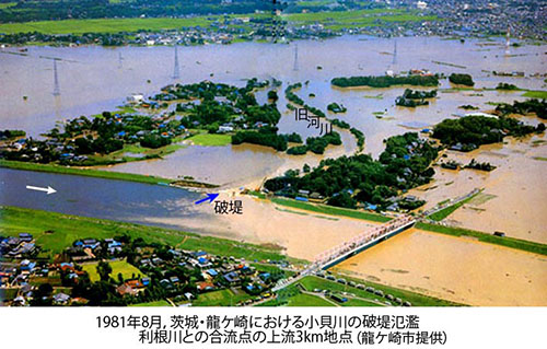 1981年8月，茨城・龍ヶ崎における小貝川の破堤氾濫、利根川との合流点の上流3km地点（龍ケ崎市提供）